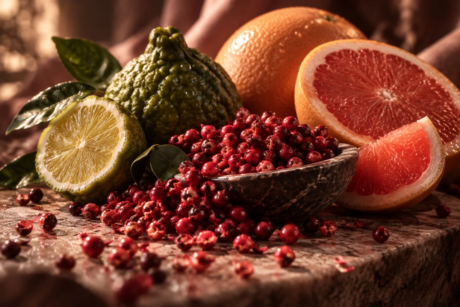 Pink pepper, bergamot and grapefruit composition for PENUMBRA